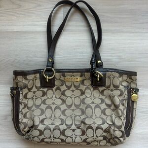 Coach (Gallery Signature Zip Tote Bag ) Brown Monogram Shoulder Bag with Leather